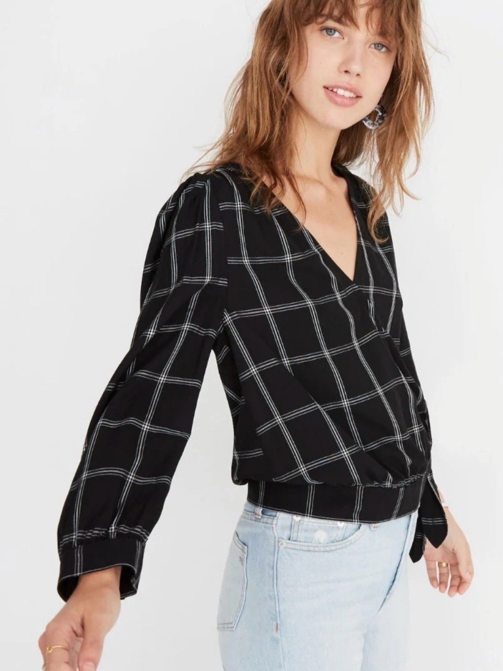 Madewell XXS Wrap Top Windowpane Cropped Black White Plaid V Neck 3/4 Sleeve